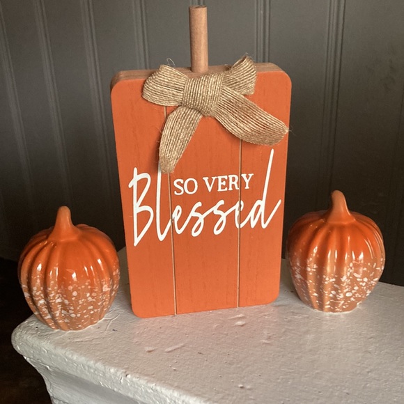 NWT Bundle-So Very Blessed Wood Pumpkin Sign & Orange Glazed Porcelain Pumpkins - Picture 5 of 15